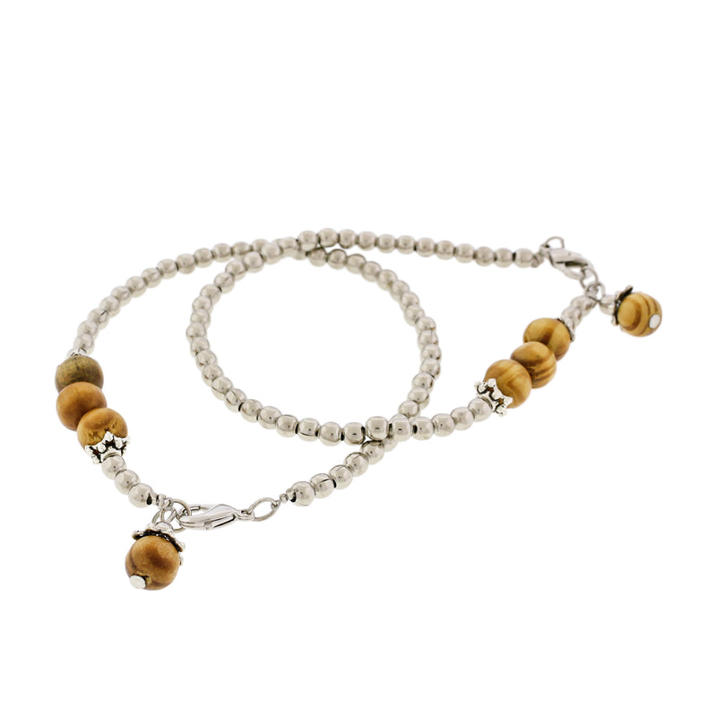 Round Wood Bead Bracelets - 55mm - Silver Tone Spacer Beads - 5 Bracelets - BB188