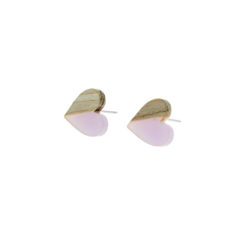 Wood Stainless Steel Earrings - Purple Resin Heart Studs - 15mm x 14mm - 2 Pieces 1 Pair - ER125
