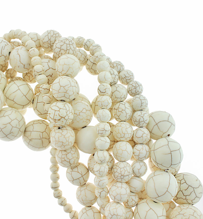 Round Natural White Turquoise Beads 4mm - 20mm - Choose Your Size - Cream Marble - 1 Full 15.5" Strand - BD1822