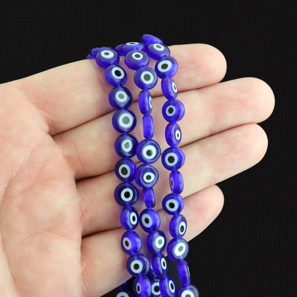 Flat Round Glass Beads 8mm - Blue and White Evil Eye - 1 Strand 49 Beads - BD1371