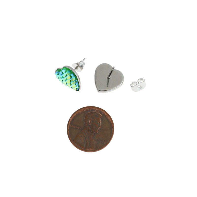 Stainless Steel Earrings - Green Heart Mermaid Scale Studs - 13mm - 2 Pieces 1 Pair - ER224