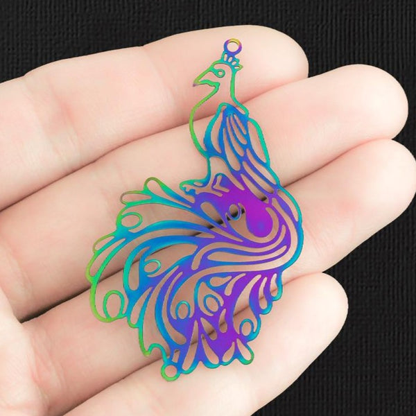 2 Filigree Peacock Rainbow Electroplated Stainless Steel Charms 2 Sided - SSP377