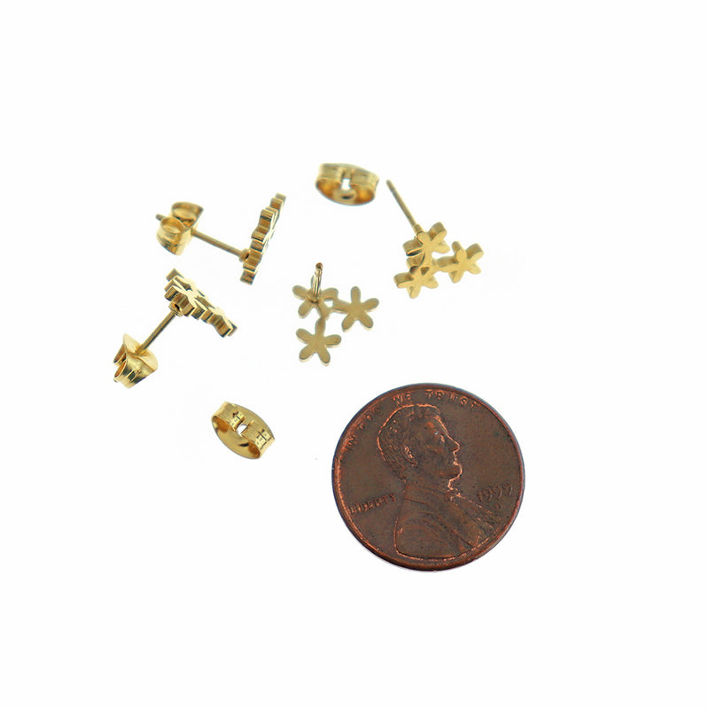 Gold Stainless Steel Earrings - Flower Studs - 10mm x 9mm - 2 Pieces 1 Pair - ER458