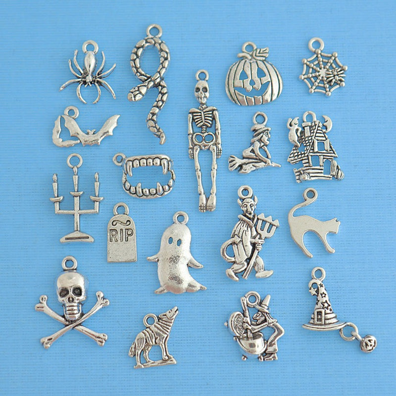 Deluxe Halloween Charm Collection Antique Silver Tone 18 Different Charms - COL088