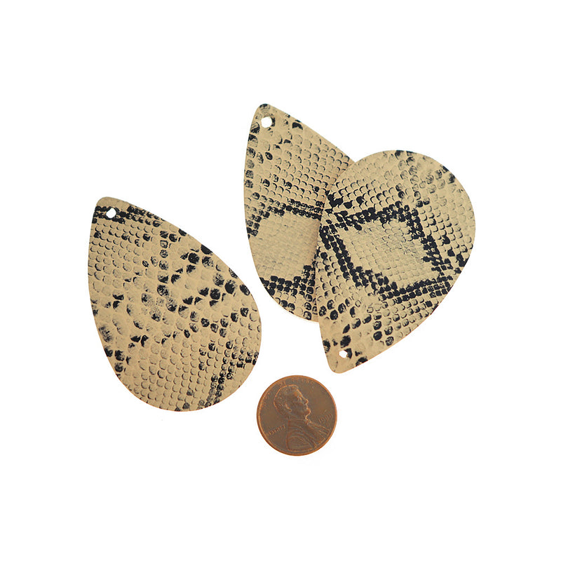 Imitation Leather Teardrop Pendants - Brown Snakeskin - 4 Pieces - Z1492