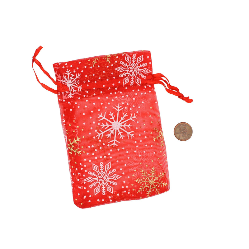 4 Red Snowflake Organza Drawstring Bags 15cm x 10cm - TL178
