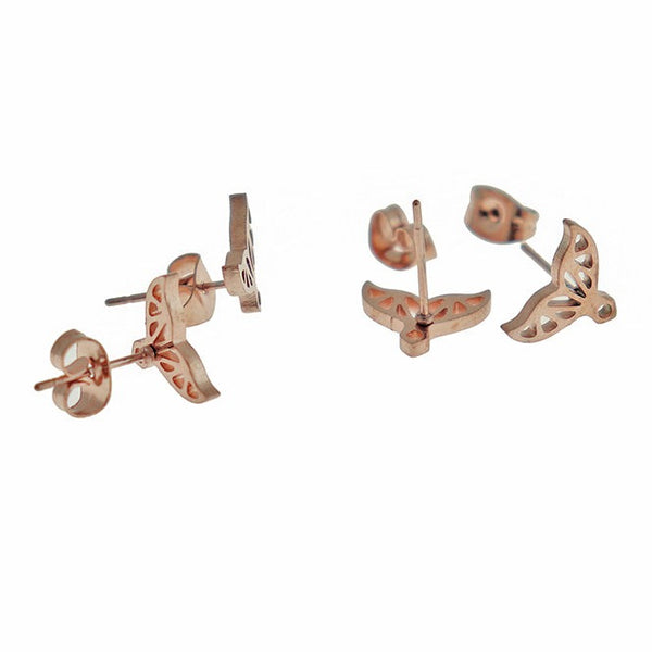 Rose Gold Stainless Steel Earrings - Whale Tail Studs - 10mm x 8mm - 2 Pieces 1 Pair - ER477