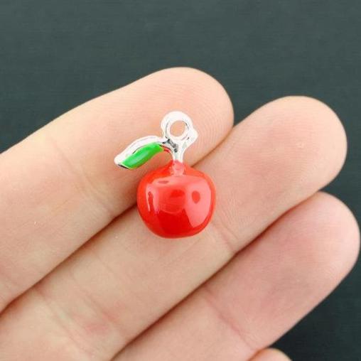 2 Apple Silver Tone Enamel Charms 3D - E050