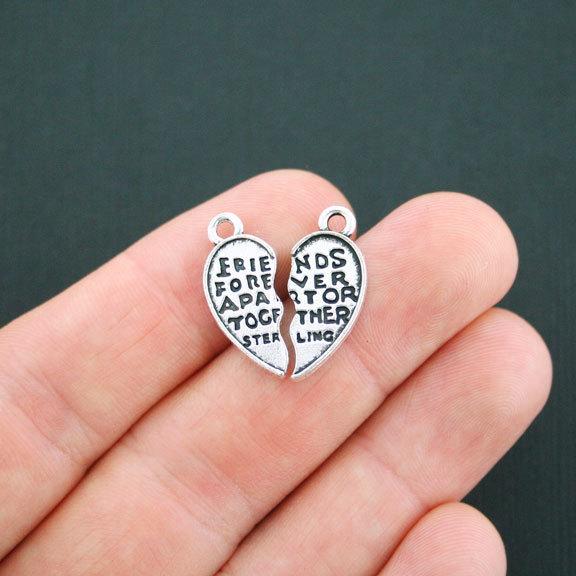 2 Best Friend Heart Antique Silver Tone Charms 2 Sided 2 Piece Set - SC1734
