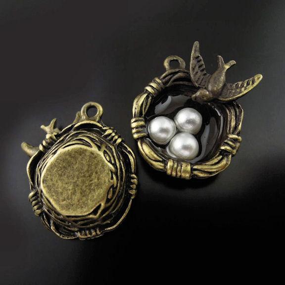 2 Bird Nest Antique Bronze Tone Charms With Imitation Pearls - BC411