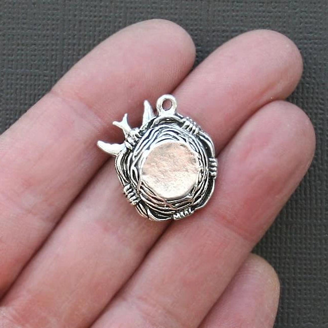 2 Bird Nest Antique Silver Tone Charms with 3 Imitation Pearls - SC1993