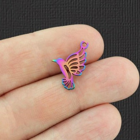 2 breloques en acier inoxydable électroplaqué arc-en-ciel oiseau - SSP119