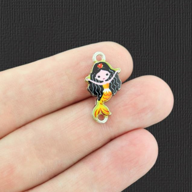 2 Black Hair Mermaid Connector Silver Tone Enamel Charms - E987