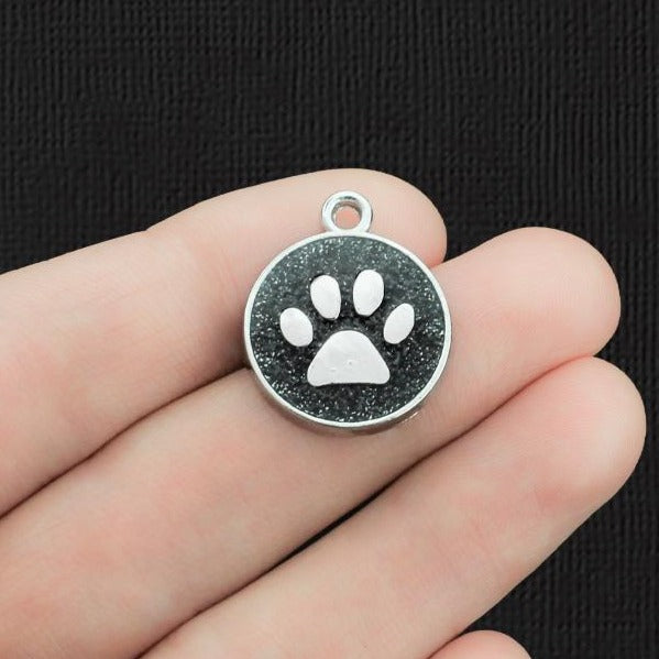 2 Black Paw Print Silver Tone Enamel Charms - E1231