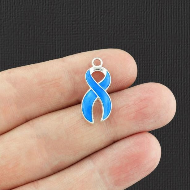 2 Blue Awareness Ribbon Silver Tone Enamel Charms - E246