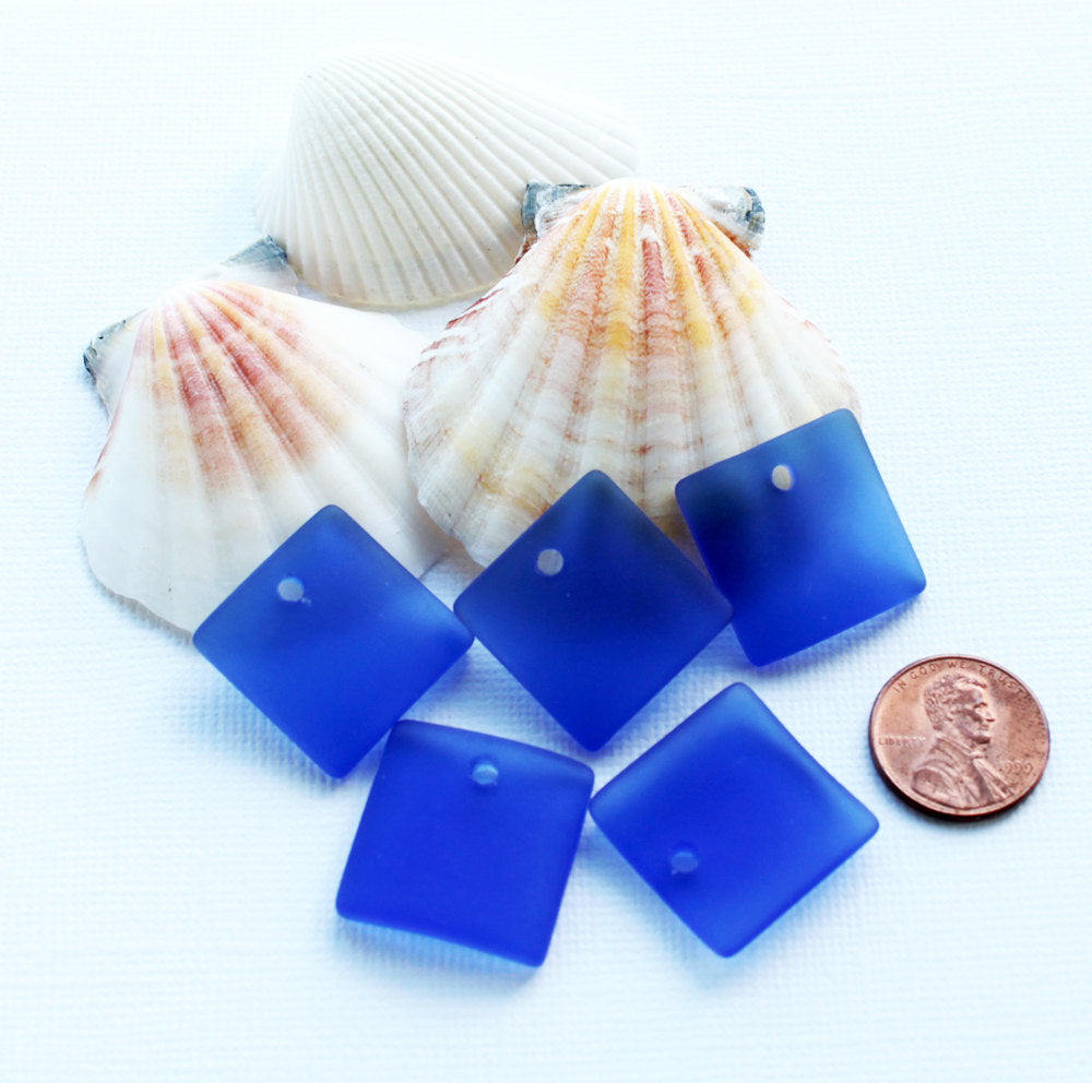 2 Blue Curved Square Cultured Sea Glass Charms - U061