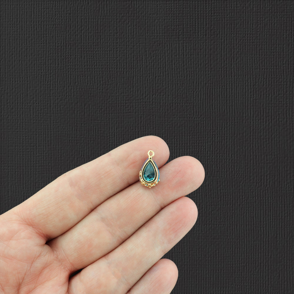 2 Blue Glass Pendant Gold Tone Charms - Z101