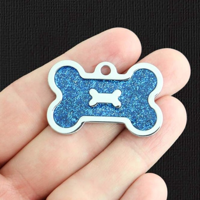 2 Blue Glitter Dog Bone Silver Tone Enamel Charms - E1382