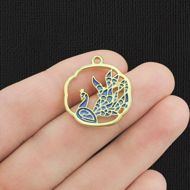 2 breloques en émail doré paon bleu - E1192