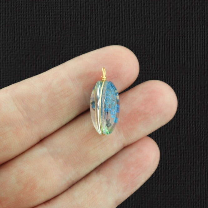 2 pendentifs en verre fleur pressé arbre de vie bleu - Z1441