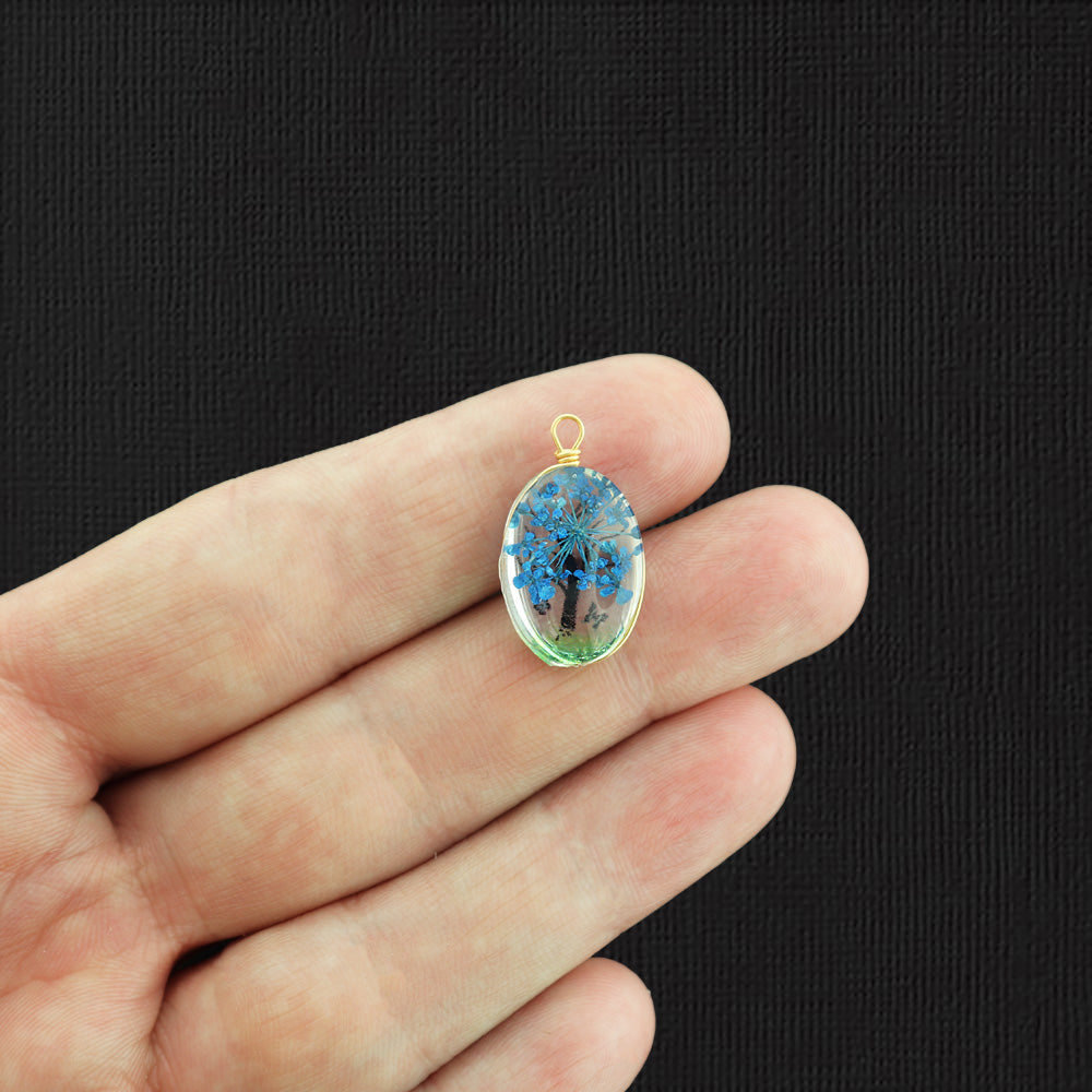 2 pendentifs en verre fleur pressé arbre de vie bleu - Z1441