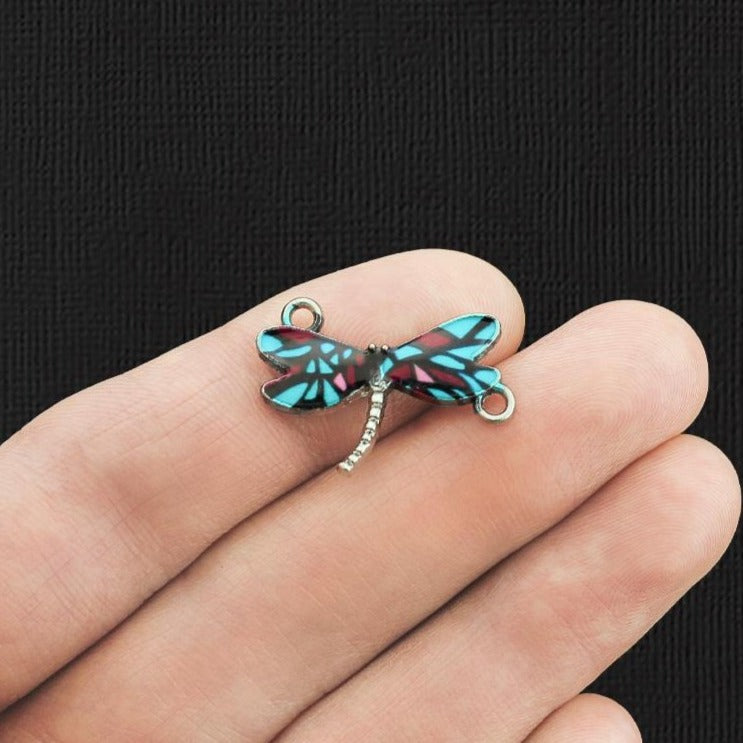 2 breloques en émail argenté connecteur libellule bleu et rouge - E1191