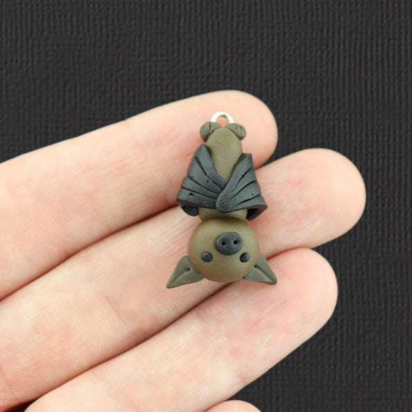 2 breloques en pâte polymère chauve-souris brune 3D - K146