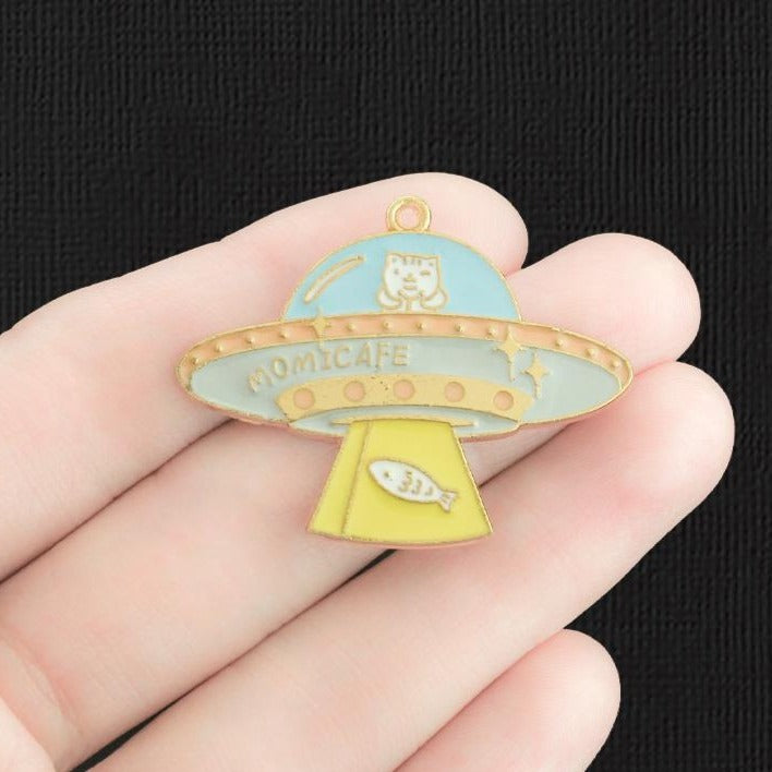 2 Cat Spaceship Gold Tone Enamel Charms - E1291