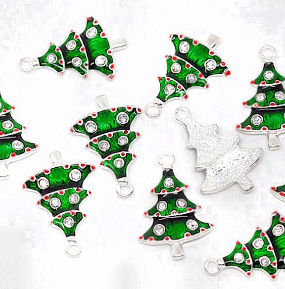 2 Christmas Tree Silver Tone Enamel Charms With Rhinestones - E055