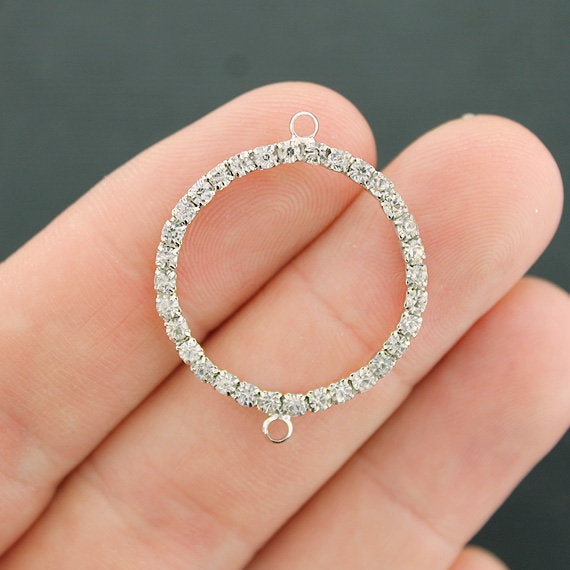 2 Circle Connector Silver Tone Charms with Inset Rhinestones - SC7625