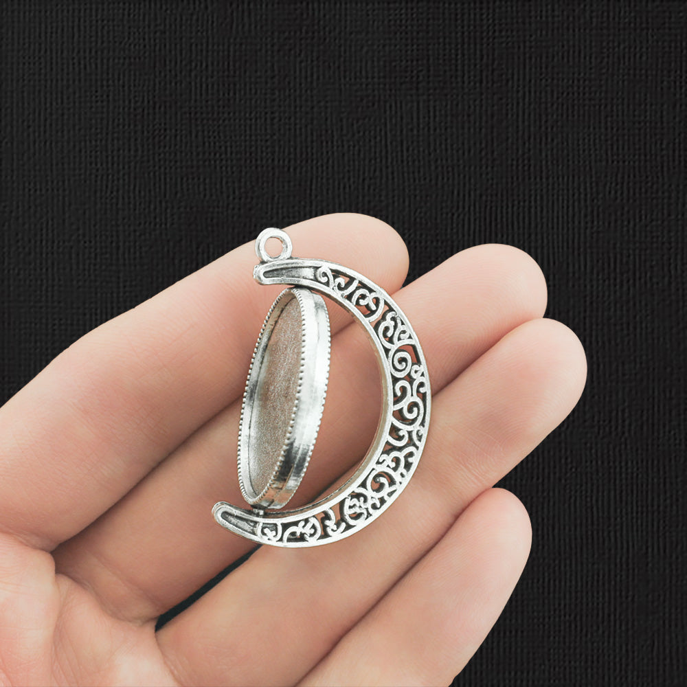 2 Crescent Moon Antique Silver Tone Charms with Cabochon Setting - SC3717
