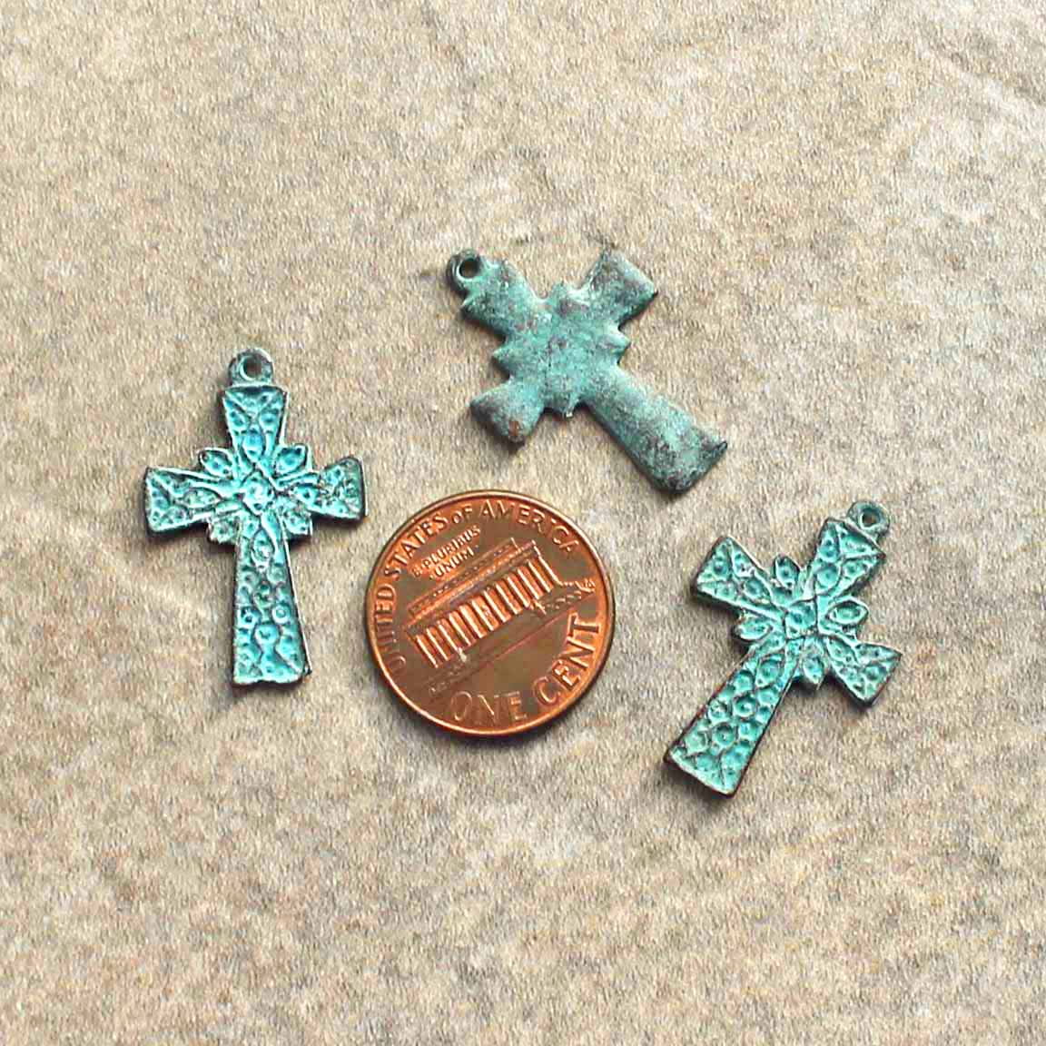 2 Cross Antique Copper Tone Mykonos Charms with Green Patina 2 Sided - BC1521