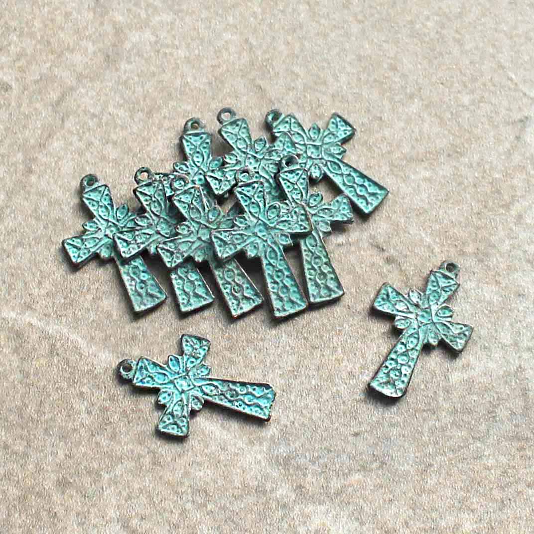 2 Cross Antique Copper Tone Mykonos Charms with Green Patina 2 Sided - BC1521