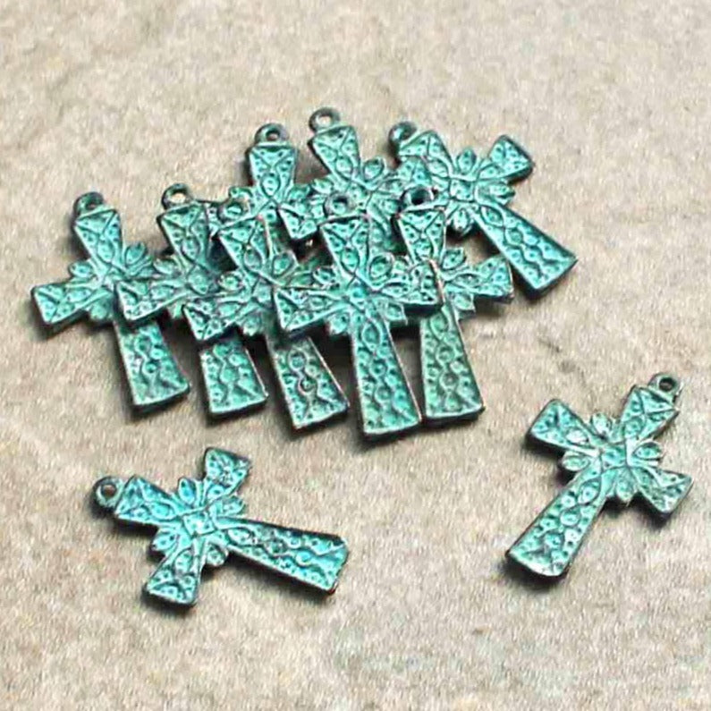 2 Cross Antique Copper Tone Mykonos Charms with Green Patina 2 Sided - BC1521