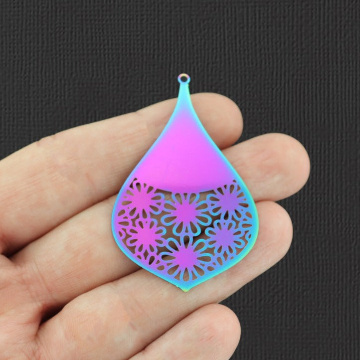 2 Daisy Drop Rainbow Electroplated Stainless Steel Charms - SSP192