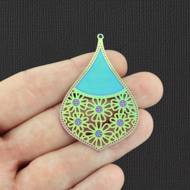 2 breloques en acier inoxydable plaqué arc-en-ciel marguerite - SSP192