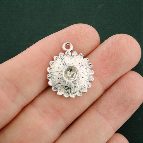 2 Daisy Flower Antique Silver Tone Enamel Charms - SC7611