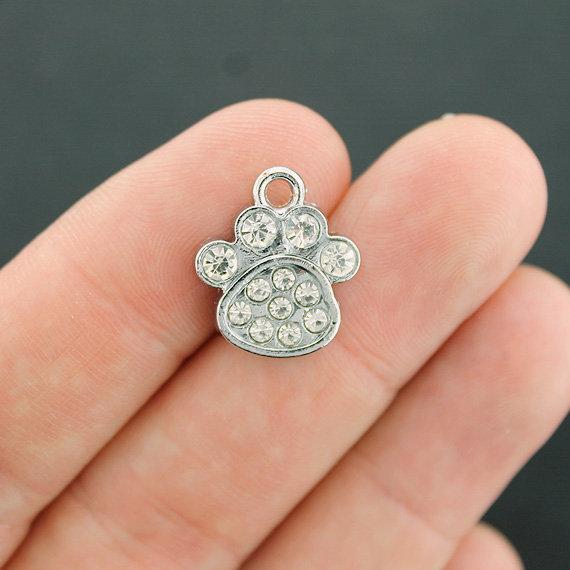 2 Dog Paw Antique Silver Tone Charms With Inset Rhinestones - SC3517
