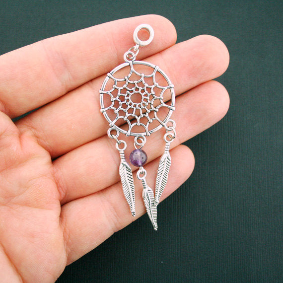 2 Dream Catcher Antique Silver Tone Charms with Purple Glass - SC6057