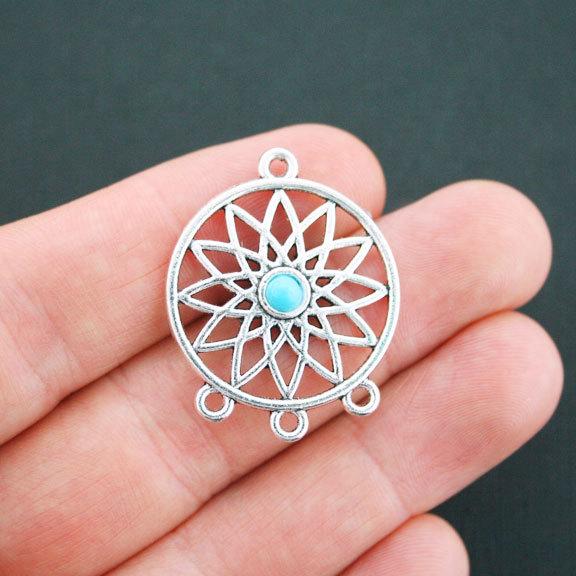 2 Dreamcatcher Connector Antique Silver Tone Charms With Imitation Turquoise - SC4943