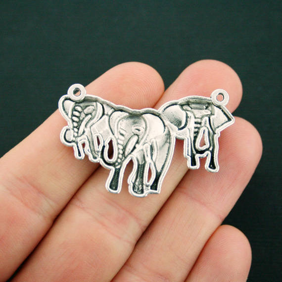 2 Elephant Connector Antique Silver Tone Charms - SC6995