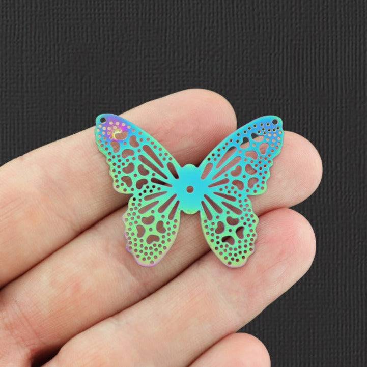 2 Filigree Butterfly Rainbow Electroplated Stainless Steel Charms 2 Sided - SSP145