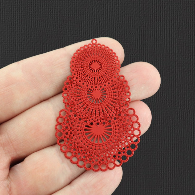 2 Filigree Circle Red Enamel Stainless Steel Charms 2 Sided - SSP153