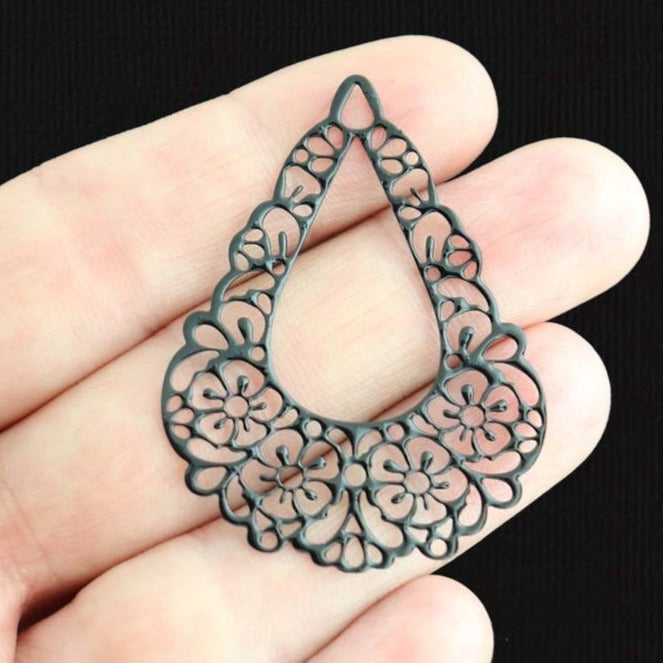 2 Filigree Drop Black Enamel Charms 2 Sided - E1514