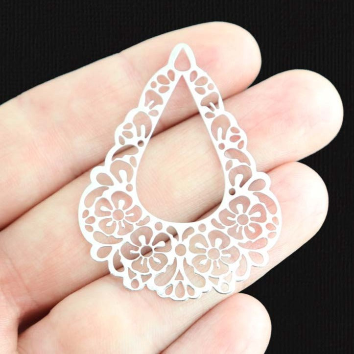 2 Filigree Drop Silver Tone Charms 2 Sided - SC1733