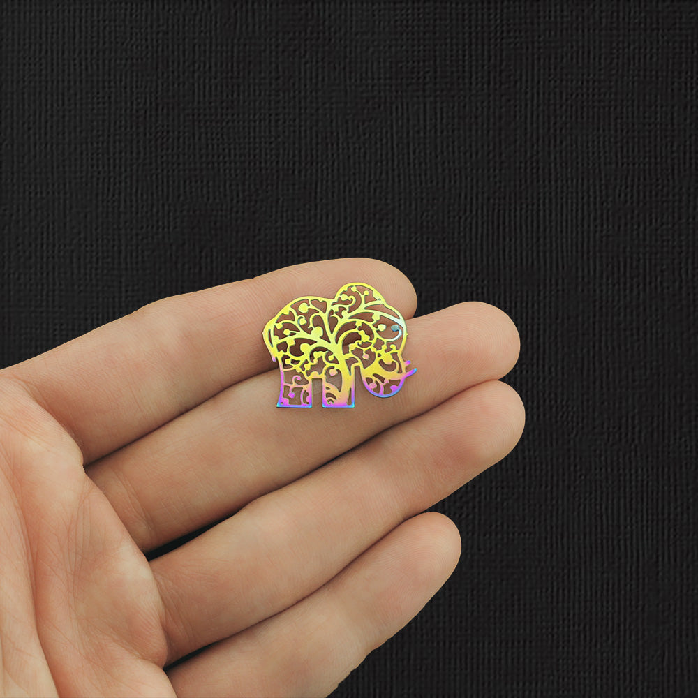 2 breloques en acier inoxydable électrolytique en filigrane éléphant arc-en-ciel 2 faces - SSP295