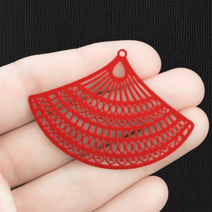 2 Filigree Fan Red Enamel Charms - E1301