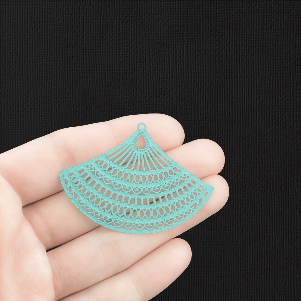 2 Filigree Fan Turquoise Enamel Charms - E1300