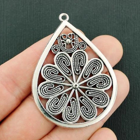 2 Filigree Flower Antique Silver Tone Charms - SC243