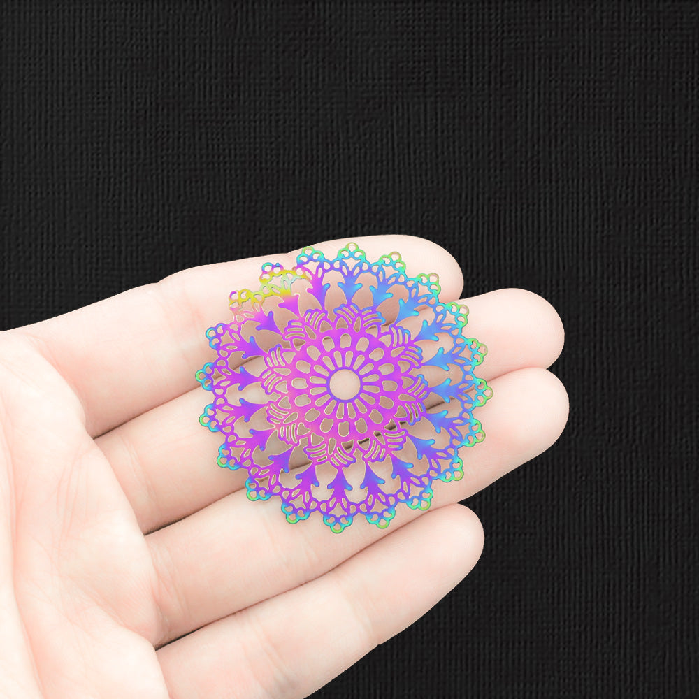 2 Filigree Flower Rainbow Electroplated Stainless Steel Charms 2 Sided - SSP540